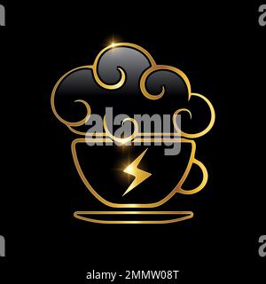 A vector Illustration of Golden Cloud and Coffee Vector Icon in black background with gold shine effect Stock Vector