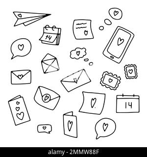 Doodle love message with hearts set. Hand-drawn letter, speech bubble, phone, sticker isolated on white background. Outline Sign of communication, cha Stock Vector