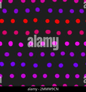 Seamless neon polka dots pattern. Color hand-drawn circles on dark grey background. Abstract lines of points ornament. Vector bright illustration for Stock Vector