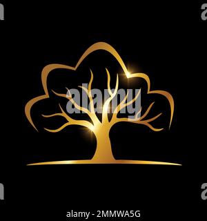 Vector Illustration of Golden Luxury Tree Vector Icon in black background with gold shine effect Stock Vector