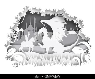 Knight fighting dragon, vector illustration in paper art style Stock Vector