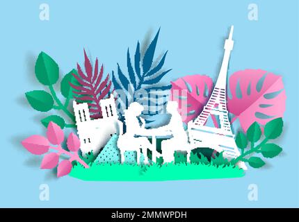 Romantic travel poster, banner template, vector paper cut illustration Stock Vector