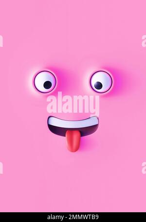 funny guy with cross-eyed stuck out his tongue, cartoon face, cool screensaver on a mobile phone, 3d render Stock Photo