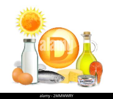 Vitamin D sunlight and food sources, vector illustration Stock Vector