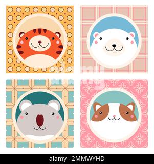 Set of kawaii member icon. Cards with cute cartoon cats. Baby