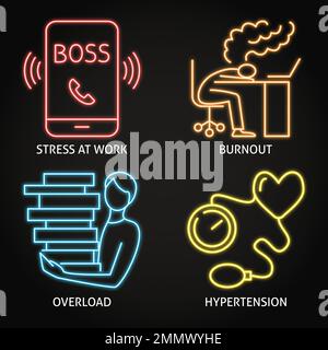 Neon stress and burnout icon set. Overload at work, feeling stressed. Vector illustration. Stock Vector