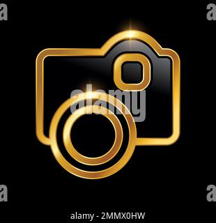 A vector Illustration  in black background with gold shine effect of Gold Luxury Camera Vector Icon Stock Vector