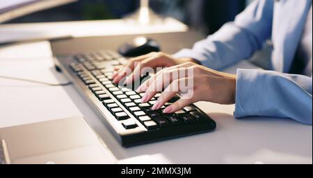 Computer, hands and keyboard typing of a business woman coding for programmer code. Software, analytics and database research of a seo web design Stock Photo