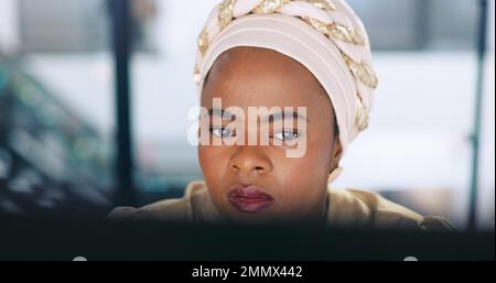 Computer, startup or face of black woman programmer for cybersecurity, app coding or data analysis in office. Business, tech or employee with pc Stock Photo