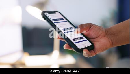 Phone, hands and ux screen to scroll on mobile app, internet or website for making online booking, ecommerce and sign up for subscription. Hand of man Stock Photo