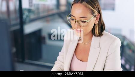 Asian woman, business or computer planning, typing or digital marketing research, data analytics or creative strategy in advertising agency. Happy Stock Photo