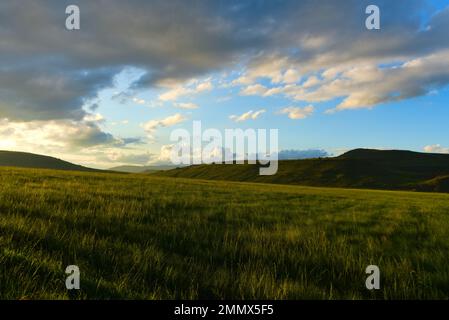 Sun setting to the left over grassy field with rolling hills in the background in South Africa's Drakensberg area near Lesotho Stock Photo