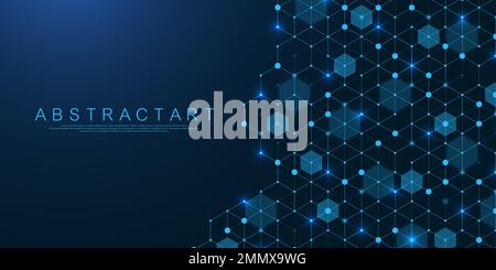 Technology abstract lines and dots connect background with hexagons. Hexagons connection digital data and big data concept. Hex digital data Stock Vector