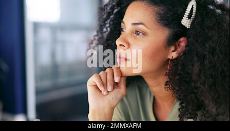 Computer, face or startup black woman programmer for computer cloud, app coding or digital schedule in office. Tech, cyber employee thinking of ai Stock Photo