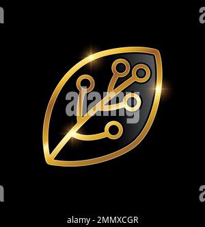 Golden Luxury Techno Leaf Vector icon Illustration in black background with gold shine effect Stock Vector