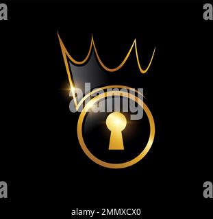 Golden Luxury Key with Crown Logo in black background with gold shine effect Stock Vector