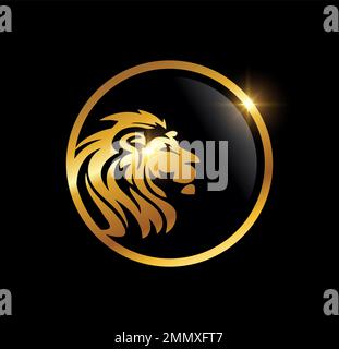Golden Lion Head In Circle Logo Vector in black background with gold shine effect Stock Vector