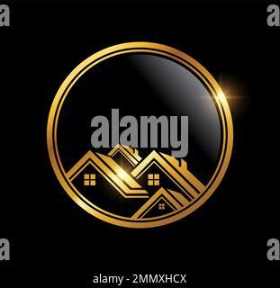 A vector Illustration of Golden Luxury Real Estate Logo Icon in black background with gold shine effect Stock Vector