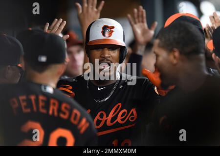 Baltimore Orioles Adam Jones (10), forced at second base, yells to Nelson  Cruz, who scored an RBI on the fielder's choice in the fifth inning against  the Kansas City Royals in game