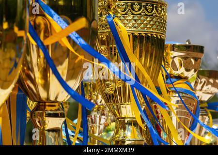 Golden winner's cups with yellow and blue ribbons prepared for awards in a row on the table on sky background. Stock Photo