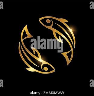 A vector Illustration  in black background with gold shine effect of Golden Luxury Fish Vector Icon Stock Vector