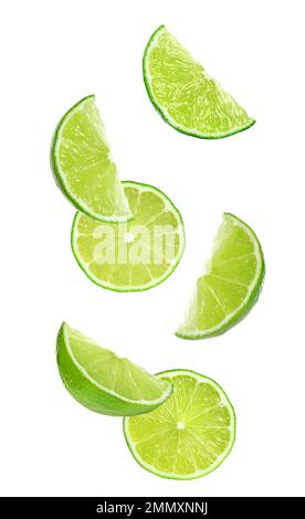 Collage of falling limes on white background Stock Photo