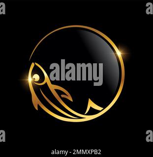 A vector Illustration  in black background with gold shine effect of Golden Luxury Fish Vector Icon Stock Vector
