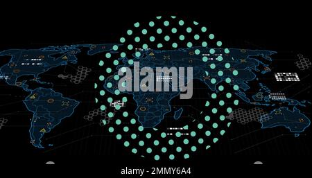 Composition of circle with dots and data processing over world map ...