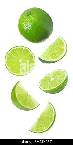 Collage of falling limes on white background Stock Photo