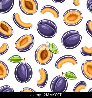 Vector Plum Seamless Pattern, square repeating background with cut out illustrations of ripe chopped plums with green leaves for wrapping paper, group Stock Vector