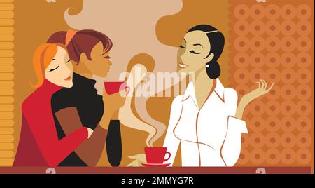 Girls, people, communication and friendship concept - smiling young women drinking coffee or tea and gossiping in a cafe. Flat vector illustration Stock Vector