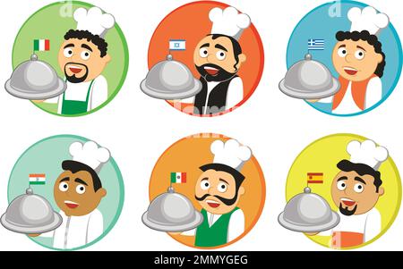 Traditional cook characters. Chef at different nationalities cooking mascots. Flat vector cartoon character set Stock Vector