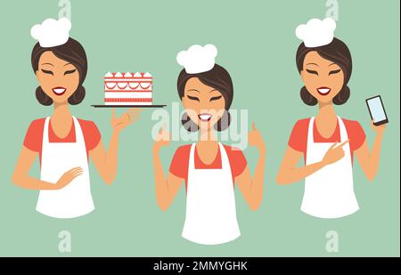 Cartoon girl confectioner with smartphone and holding tray with cake Stock Vector