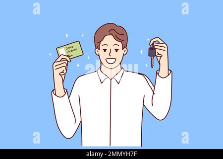 Happy man in white shirt demonstrates drivers license and keys to new car. Young guy rejoices at end of studies at school for beginners in motorists or taking course to drive truck. Flat vector image  Stock Vector