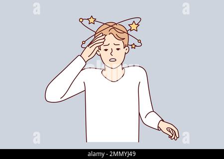 Suffering man experiencing pain in head after severe injury puts hand on forehead. Guy suffers from dizziness or needs to take drugs against intracranial pressure. Flat vector illustration Stock Vector