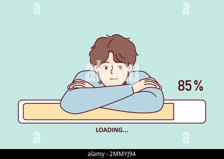 Bored man leaning on progress line loading waiting to download movie from internet. Guy put head in hands and patiently waits for completion of installation of game or software. Flat vector design  Stock Vector