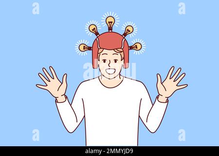 Satisfied excited man in helmet with glowing light bulbs raises hands and smiles. Guy uses magic devices to find new ideas and non-trivial solutions to achieve business goals. Flat vector illustration Stock Vector