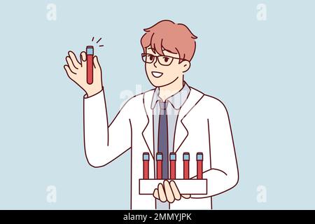 Young man scientist in white coat holds test tubes with blood samples for scientific experiments. Smart guy working as doctor in private clinic demonstrates plastic flask. Flat vector illustration  Stock Vector