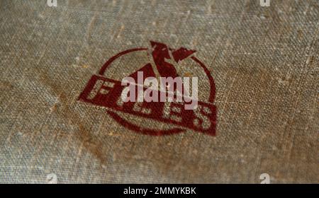X Files stamp printed on linen sack. Secret mystery investigation and conspiracy concept. Stock Photo