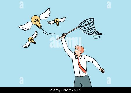 Motivated businessman with net catching lightbulbs flying in air. Smiling male employee with scoop-net run after light bulbs strive for innovation and breakthrough. Vector illustration.  Stock Vector