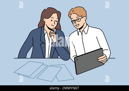 Smiling businesspeople sit at desk brainstorm consider project on tablet together. Motivated colleagues work together on pad. Teamwork and cooperation. Vector illustration.  Stock Vector