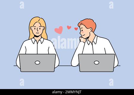 Young man in love look at female colleague working together at laptops in office. Male employee admire woman worker at workplace. Work romance. Vector illustration.  Stock Vector