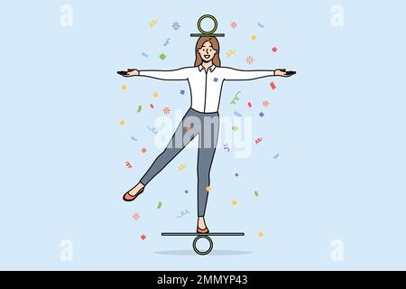 Happy businesswoman balancing cope with business problems at workplace. Smiling female employee or worker show balance at work. Vector illustration.  Stock Vector