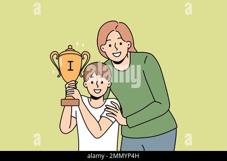Smiling young mother hug little son holding golden trophy celebrate win in competition or contest. Happy mom embrace child with prize. Winner and success. Vector illustration.  Stock Vector