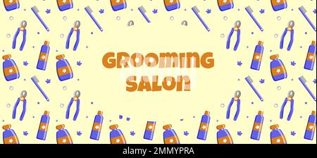 pattern for a grooming salon with an inscription in the center Grooming. Blue colors. Vector illustration Stock Vector