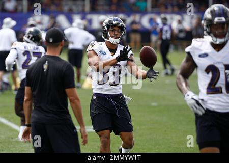 Baltimore, United States. 13th Oct, 2019. Baltimore Ravens quarterback Lamar  Jackson (C) hurdles Cincinnati Bengals defensive back Clayton Fejedelem  (42) for a short gain to the one yard line as Nick Vigil (