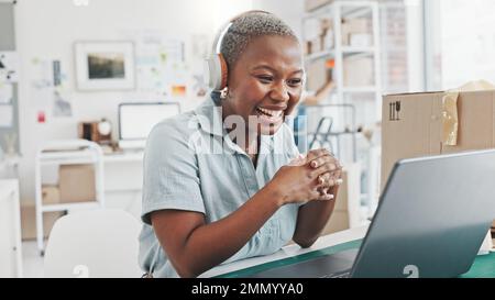 E commerce, laptop and girl on video call communication talking about product design, shipping or packaging. Ecommerce, business and black woman Stock Photo