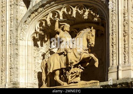 France, Meurthe et Moselle, Nancy, detail of the equidian statue of Duke Antoine by Mansuy Gauvin destroyed during the revolution and rebuilt in 1851 by Giorne Viard on the Porterie (gatehouse) built between 1511 and 1512 very much looking like the one from Blois royal castle by Duke Antoine on the facade of former ducal palace now the Musee Lorrain (Lorraine museum) also called Palais des Ducs de Lorraine (palace of the dukes of Lorraine) Musee Lorrain (Lorraine museum) located Grande Rue Stock Photo