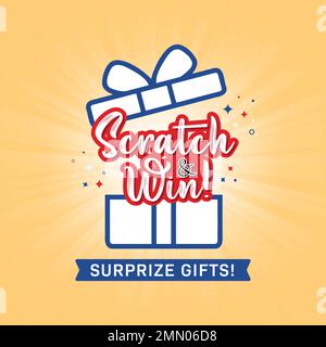 Open gift box with confetti, glitter and Scratch & Win text. Present box decoration design element. Vector illustration. Stock Vector