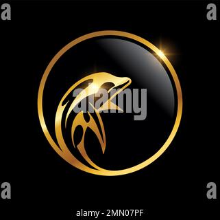 A vector Illustration  in black background with gold shine effect of Golden Circle Dolphin Logo Vector Icon Stock Vector